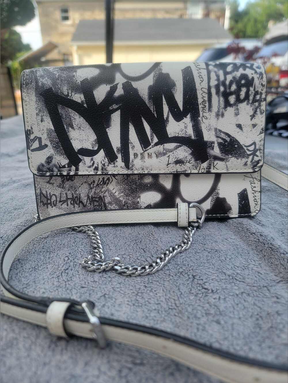 DKNY Graffiti Print Flap Crossbody Bag White Black Silver Chain